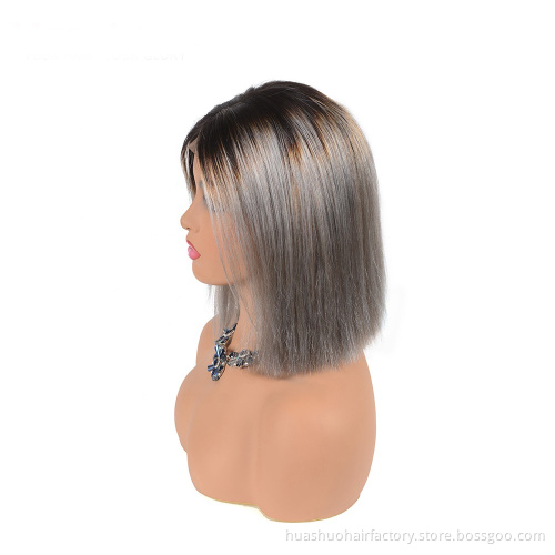 Cheap 100 Remy Real Human Hair Two Tone Color Short Grey Hair Lace Front Wig For Black Women